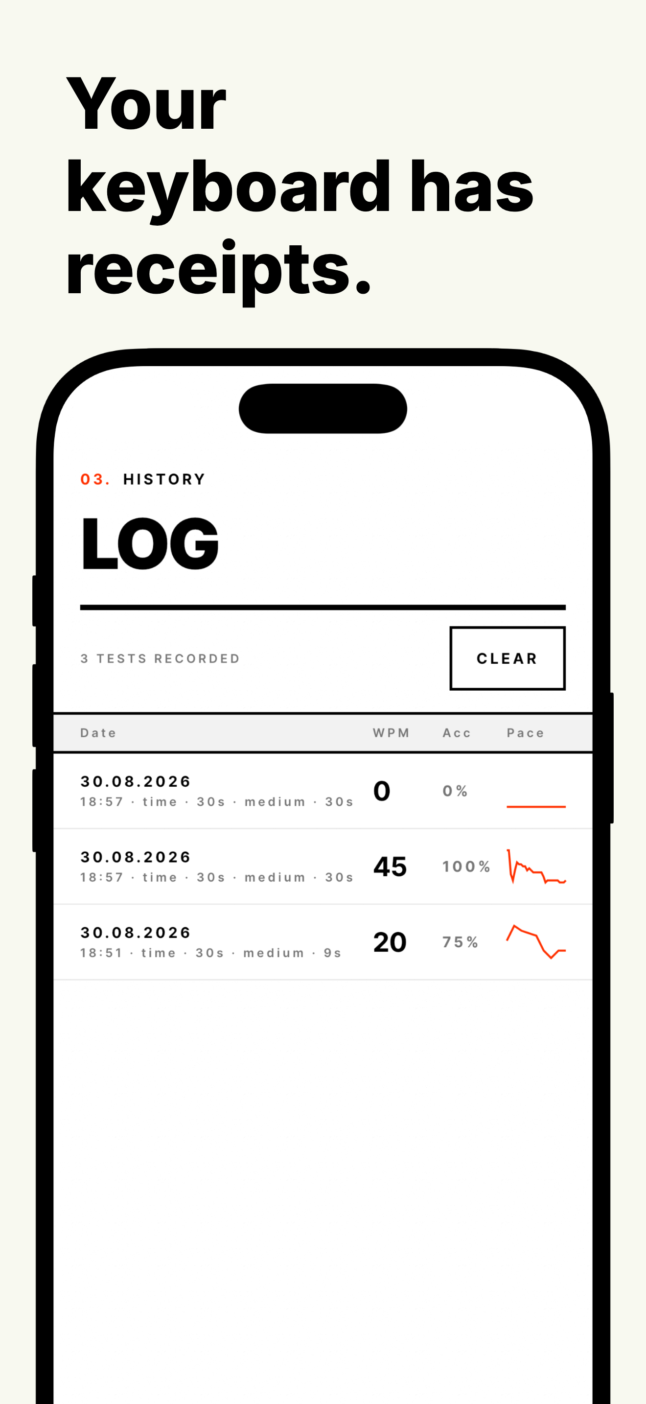 Type history log listing past tests with date, WPM, accuracy, and pace.