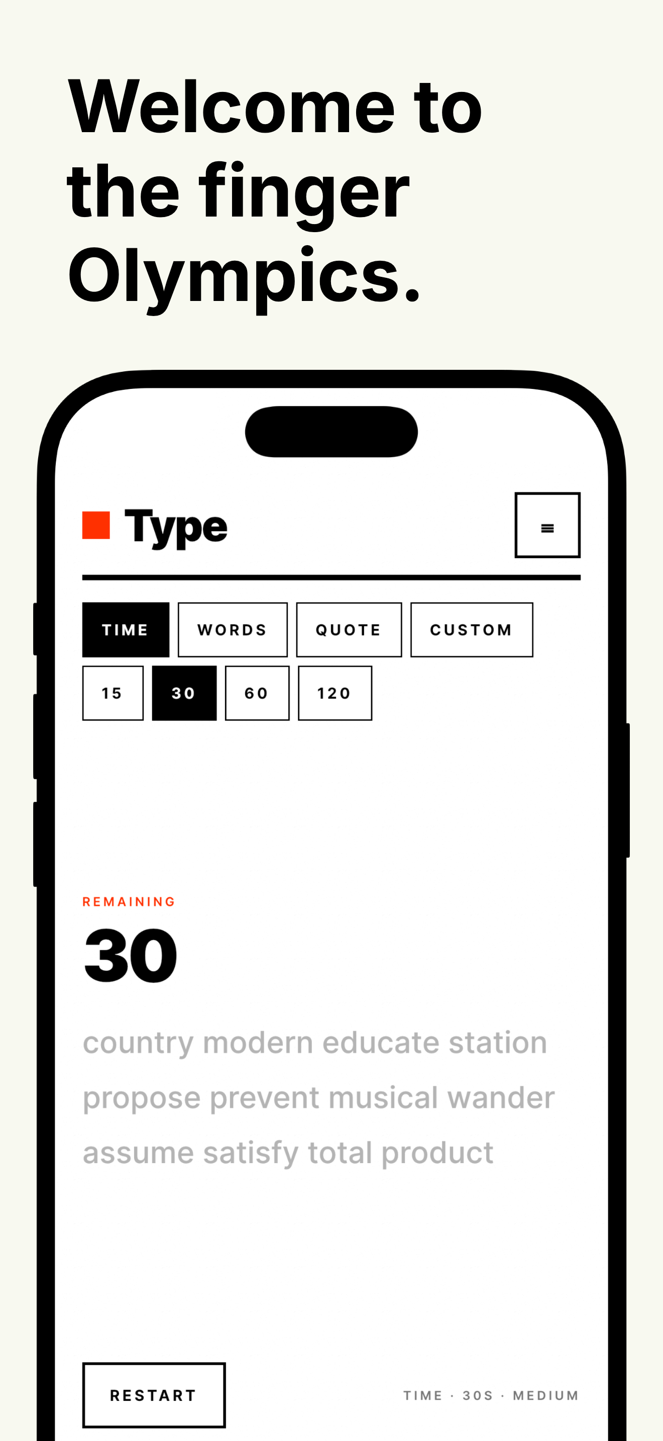 Type running a 30 second timed test, showing live word feed and time remaining.